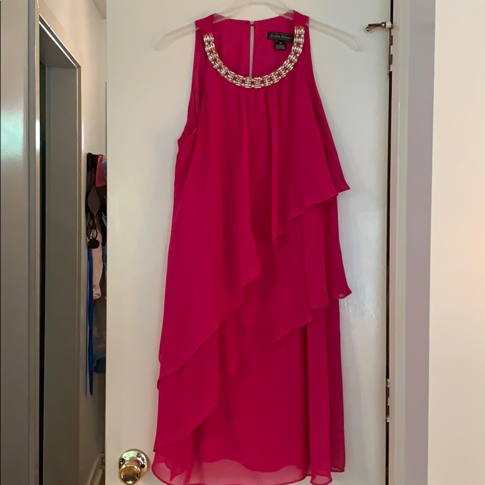 Pink mid length dress with jeweled neckline